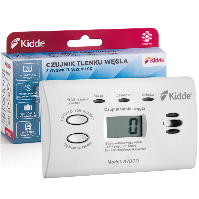 Czujnik tlenku węgla Kidde K7DCO z wyświetlaczem LCD – detektor czadu do domu