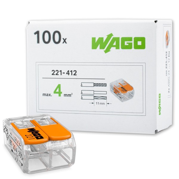 Złączka WAGO 221-412 COMPACT 2-przewodowa 4 mm², transparentna z dźwigniami, odporna do 85°C, szybkie połączenia przewodów